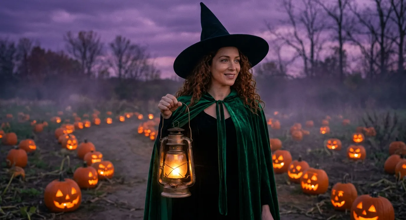 Lena, one of eroq's fictional characters, dressed as a witch in a pointed hat and an emerald cloak, holding a lantern in a misty pumpkin patch at dusk.