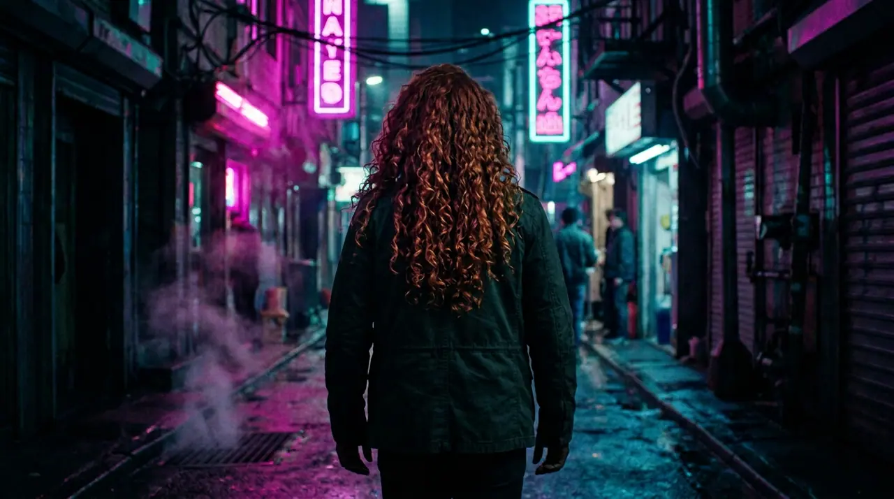 @Picture 1: swap the man for the woman in @Picture 2, same jacket, same alley, same neon