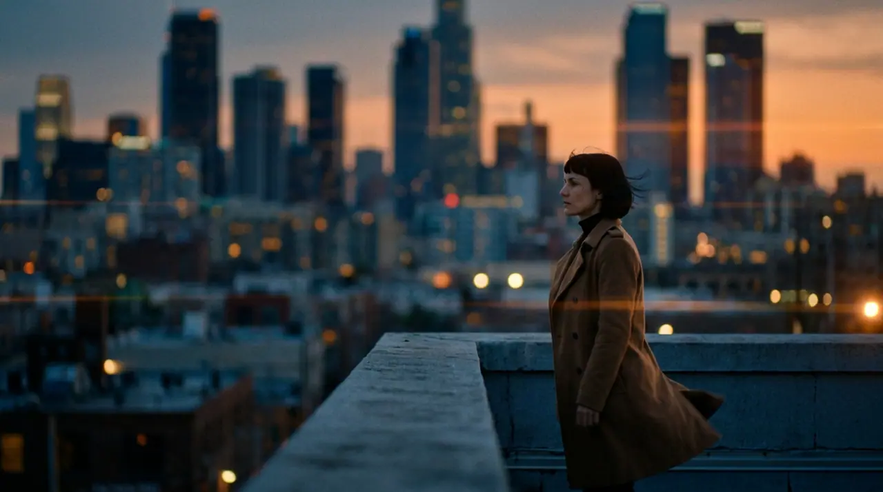 @Mara on a rooftop at dusk, her coat caught in the wind, the city lighting up below. anamorphic, 35mm. push-in
